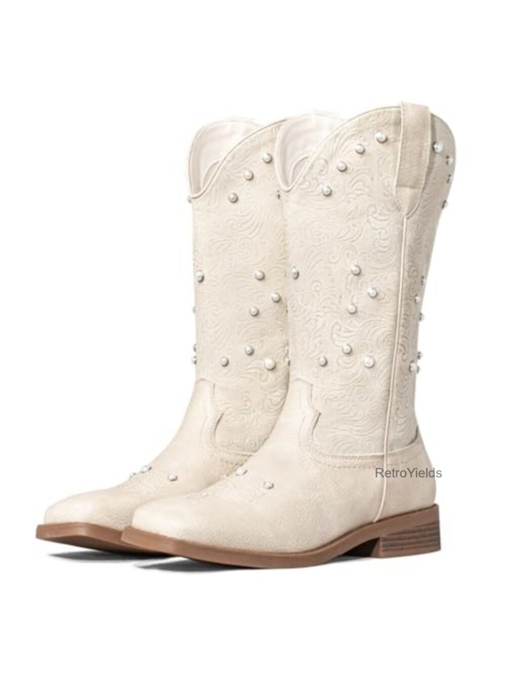 Women's Square Toe Western Cowboy Boots with Floral Embossing & Pearl Accents